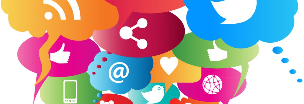 Social media symbols in speech balloons.