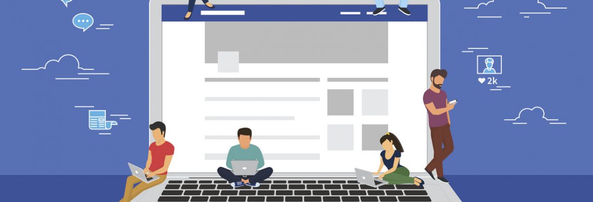 A graphic illustration of several people on sitting on a gain laptop, representing Facebook marketing.