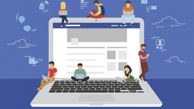 A graphic illustration of several people on sitting on a gain laptop, representing Facebook marketing.