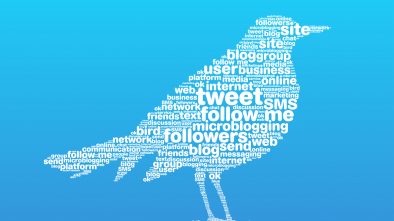 A bird with a word cloud inside, representing Twitter.