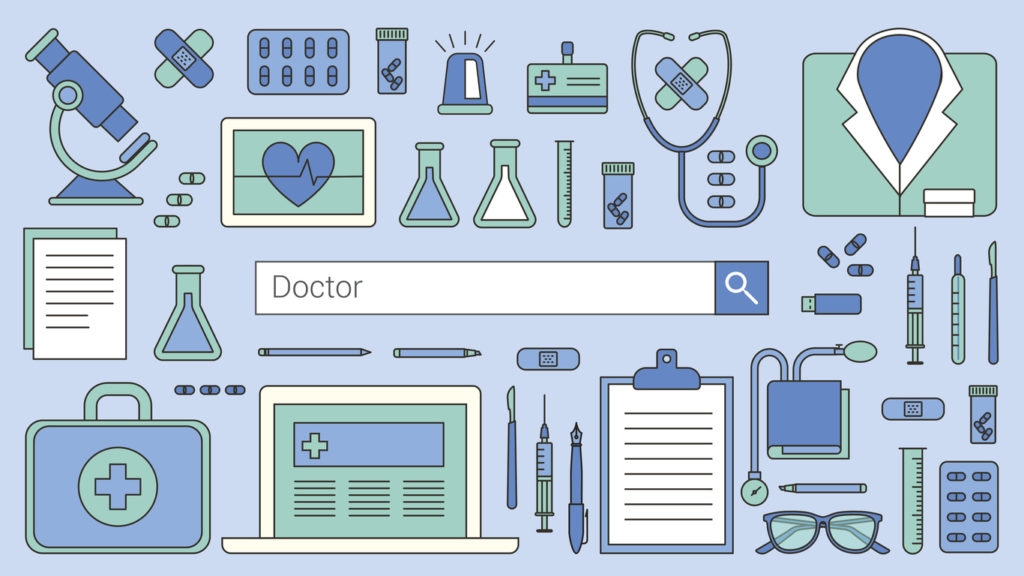 A vector graphic of a search engine bar, with the word "doctor" in the search field, representing how healthcare SEO can help potential patients can find your website on the internet. 