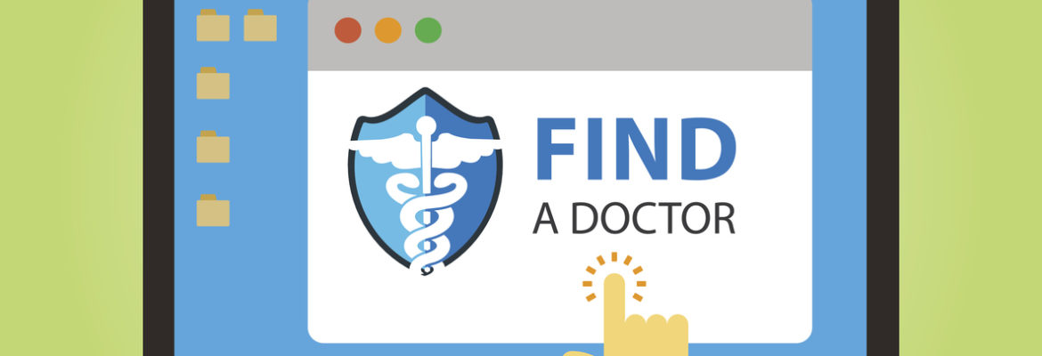 A vector graphic reading "find a doctor," representing how healthcare SEO can help your practice be found by potential patients looking for a new doctor on the web.