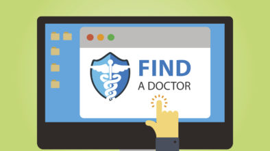 A vector graphic reading "find a doctor," representing how healthcare SEO can help your practice be found by potential patients looking for a new doctor on the web.